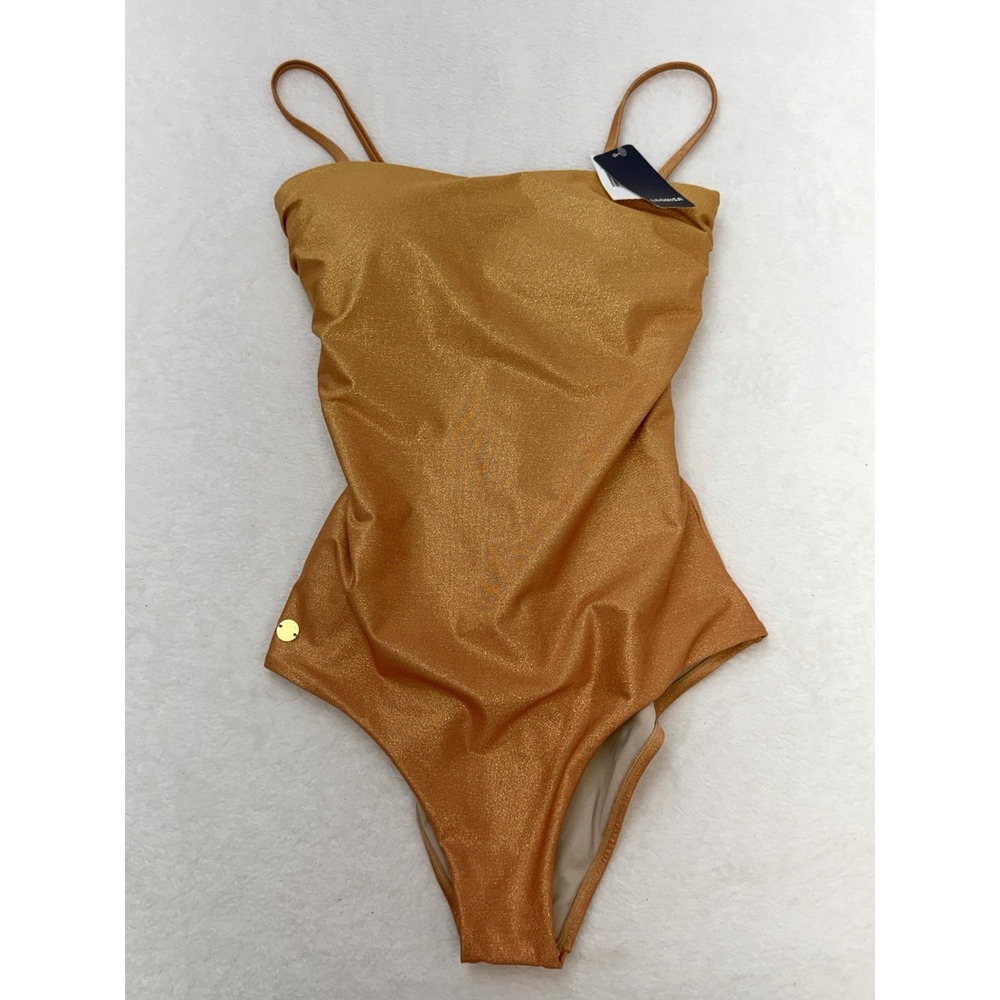 LEONISA Womens Medium Shimmer One Piece Swimsuit Lace Up Back Gold Bronze NWT